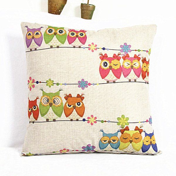 Online Charming Colorful Cartoon Owl Printed Square Composite Linen Blend Pillow Case  
