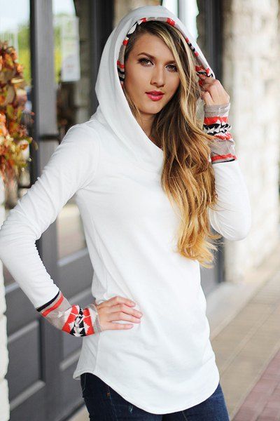 

Chic Hooded Long Sleeve Printed Women' Hoodie, White