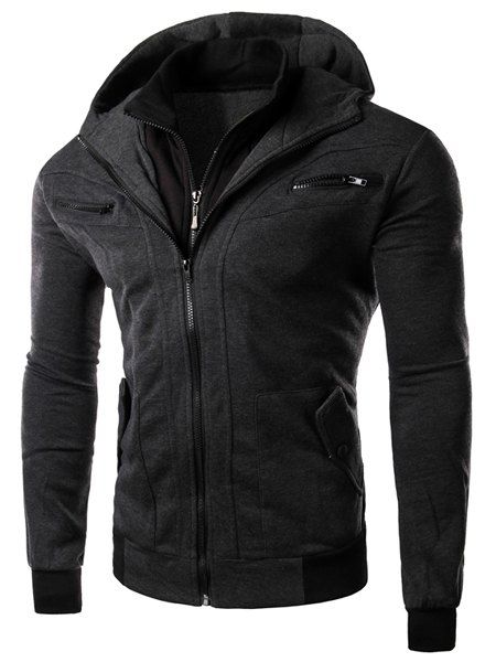 [54% OFF] Multi-Zipper Patch Pocket Rib Spliced Hooded Long Sleeves ...