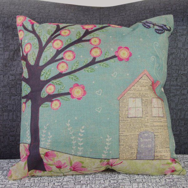 2019 Funny Linen Tree And House Pattern Decorative Pillowcase Funny Linen Tree And House Pattern Decorative Pillowcase Without Pillow Inner