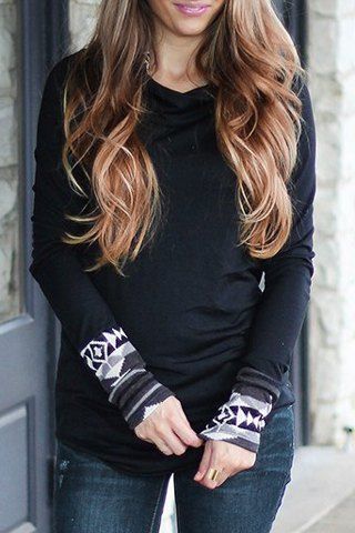 

Chic Hooded Long Sleeve Printed Women's Hoodie, Black