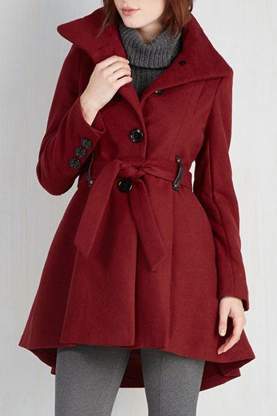 

Noble Solid Color Turn-Down Collar Belt Design Wool Coat For Women, Wine red