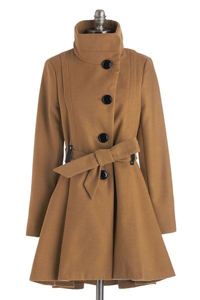 

Noble Solid Color Turn-Down Collar Belt Design Wool Coat For Women, Khaki