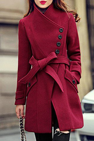 [48% OFF] Elegant Stand Collar Candy Color Belt Design Long Sleeve Coat ...