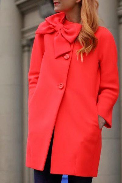 

Sweet 3D Bowknot Embellished Red Long Sleeve Coat For Women