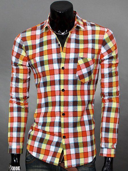 40 Off Colorful Plaid One Patch Pocket Slimming Shirt Collar Long Sleeves Mens Vogue Shirt 3306