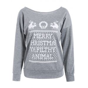 

Merry Christmas Print Skew Neck Pullover Sweatshirt, White