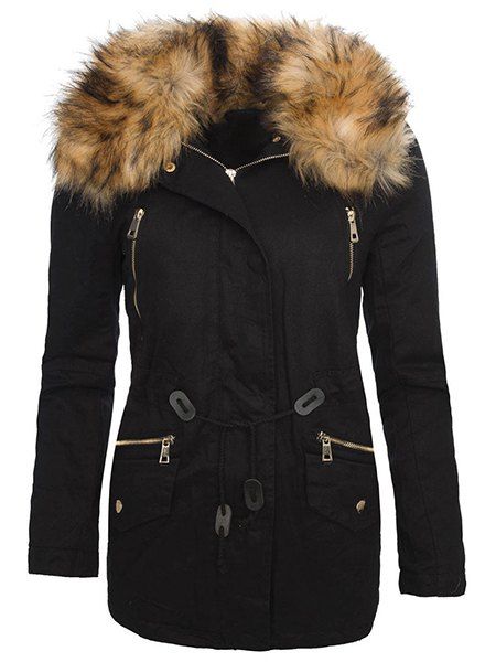 

Stylish Turn-Down Collar Long Sleeve Faux Fur Design Drawstring Women's Coat, Black