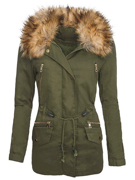 

Stylish Turn-Down Collar Long Sleeve Faux Fur Design Drawstring Women' Coat, Green