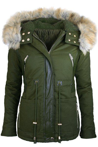 

Women' Stylish Faux Fur Hooded Long Sleeve PU Splicing Thick Coat, Army green