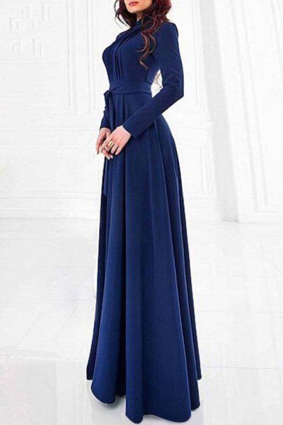 Outfits Women's Trendy Belted Long Sleeve Pure Color Round Neck Dress  