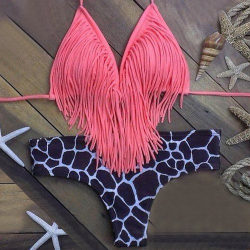 [52% OFF] Sexy Halter Sleeveless Fringed Leopard Print Women's Bikini ...