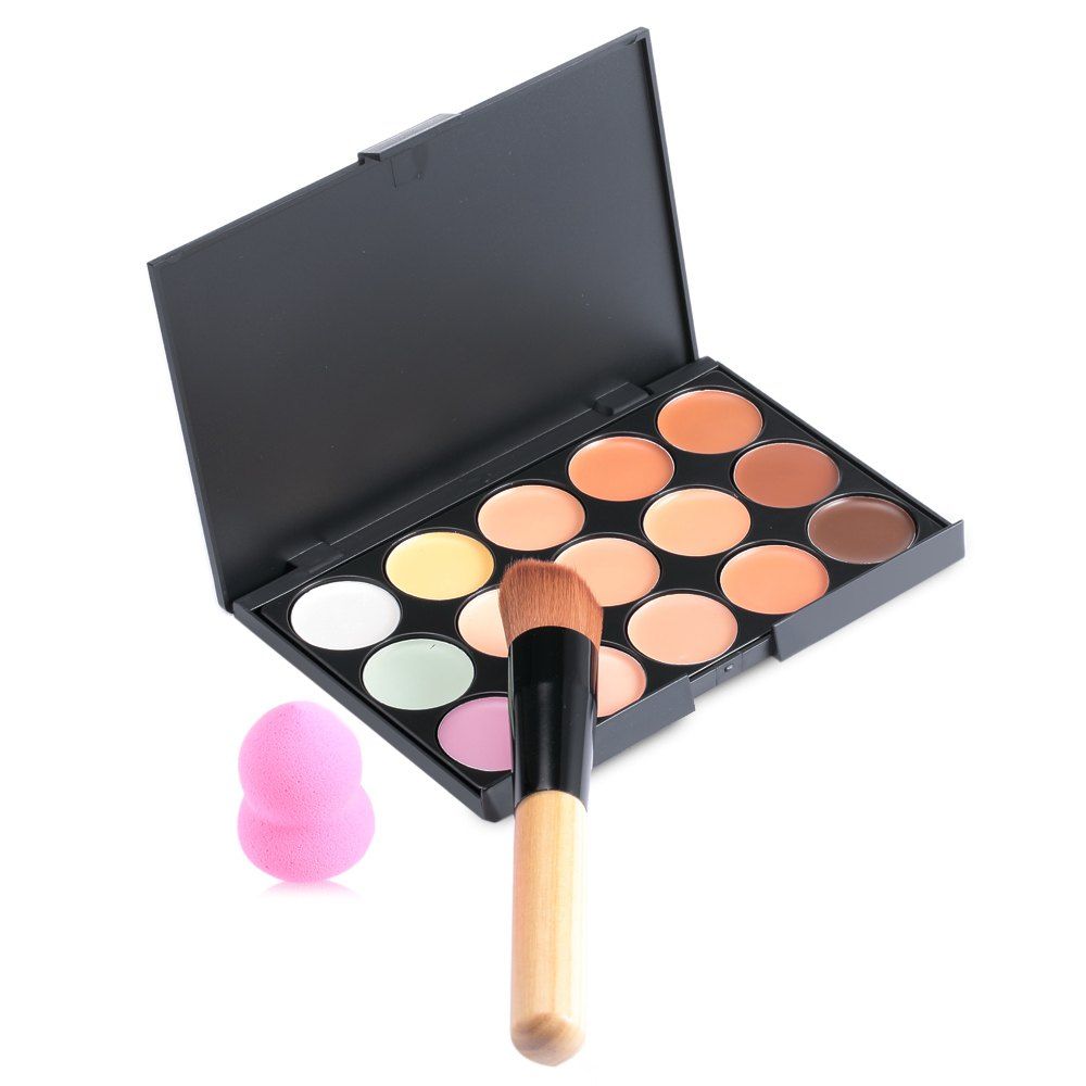

15 Colors Contour Face Cream Makeup Concealer Palette with Powder Puff Brush, Jet black 01#;multi-color