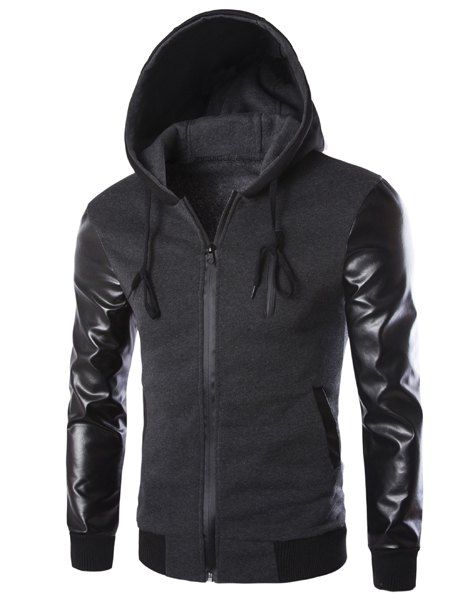 

Vogue Drawstring Hooded PU Leather Spliced Zipper Design Long Sleeves Men's Slimming Jacket, Deep gray