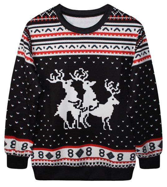 

Cute Round Neck Fawn Print Long Sleeve Christmas Sweatshirt For Women, Black