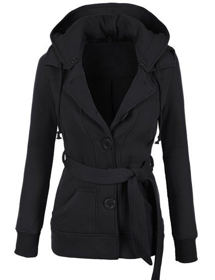 

Stylish Hooded Long Sleeve Solid Color Belted Single-Breasted Women' Hoodie, Black