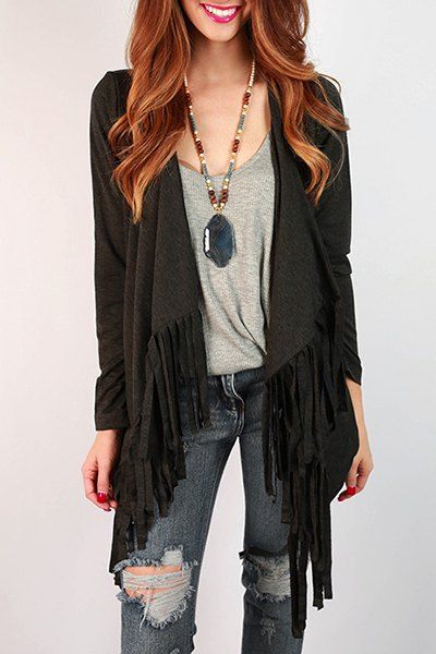 

Stylish Collarless Long Sleeve Asymmetrical Women' Fringe Cardigan, Deep gray