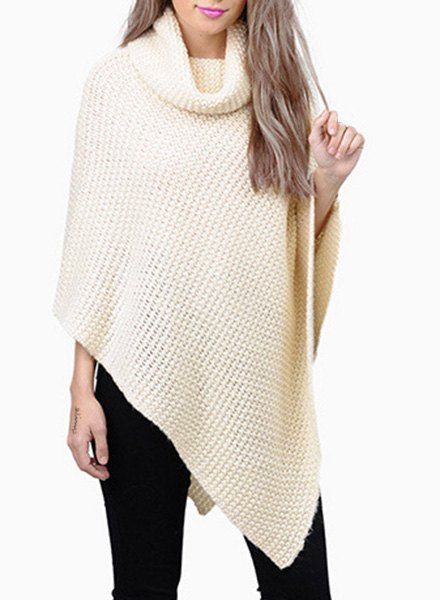 White Xl Women's Stylish Asymmetrical Turtleneck Long Sleeve Sweater ...