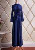 Women's Trendy Belted Long Sleeve Pure Color Round Neck Dress -  