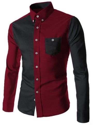 2018 Color Block Pocket Button Down Casual Shirt In Red/black L ...