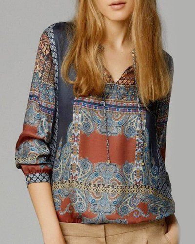 [40% OFF] Women's Stylish Ethnic Print Long Sleeve Blouse | Rosegal