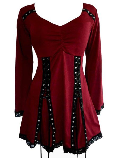 

Retro Style V-Neck Lace-Up Design Long Sleeve High Waist T-Shirt For Women, Deep red