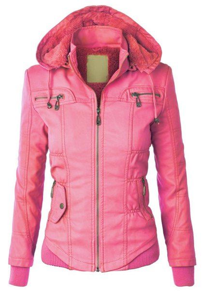

Chic Hooded Solid Color Detachable Sleeve Faux Leather Jacket For Women, Pink
