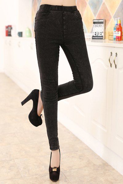 [14% OFF] Simple Style Black Elastic Waist Fleece Bodycon Pencil Jeans ...