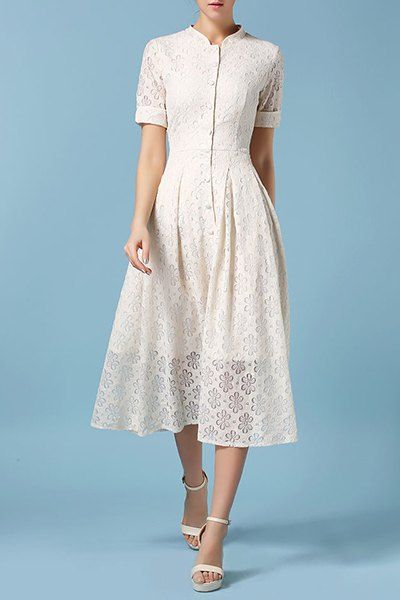 47 Off Vintage Stand Collar Short Sleeve Pure Color Hollow Out Womens Lace Dress Rosegal