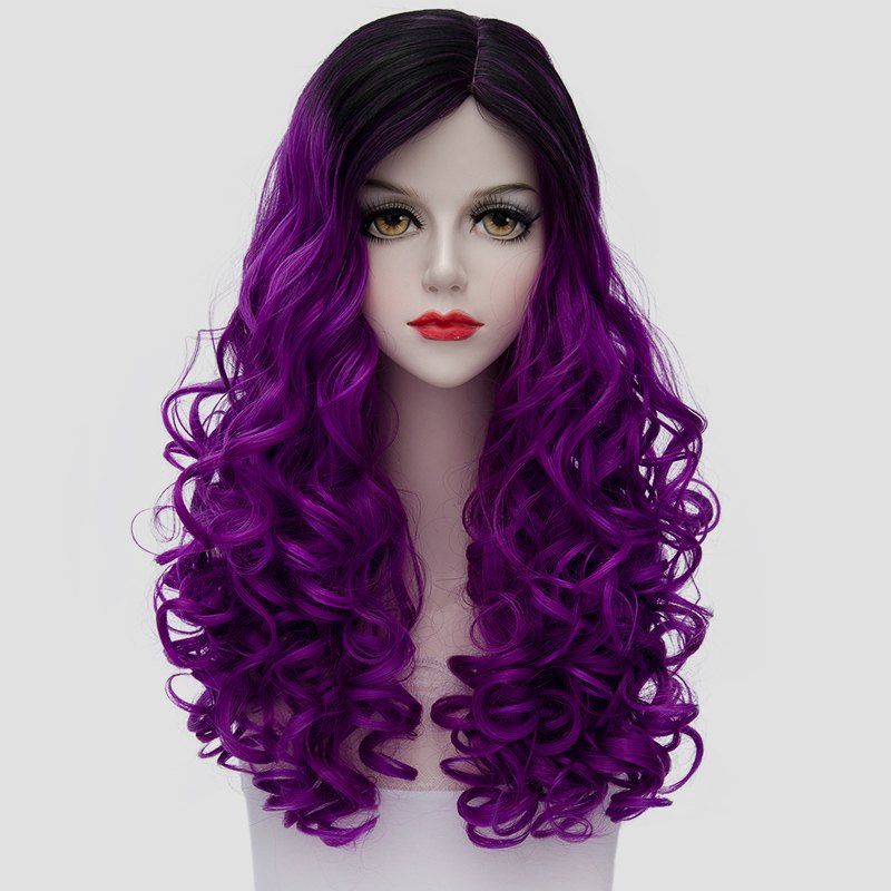 2018 Stunning Long Synthetic Vogue Black Purple Ombre Fluffy Curly