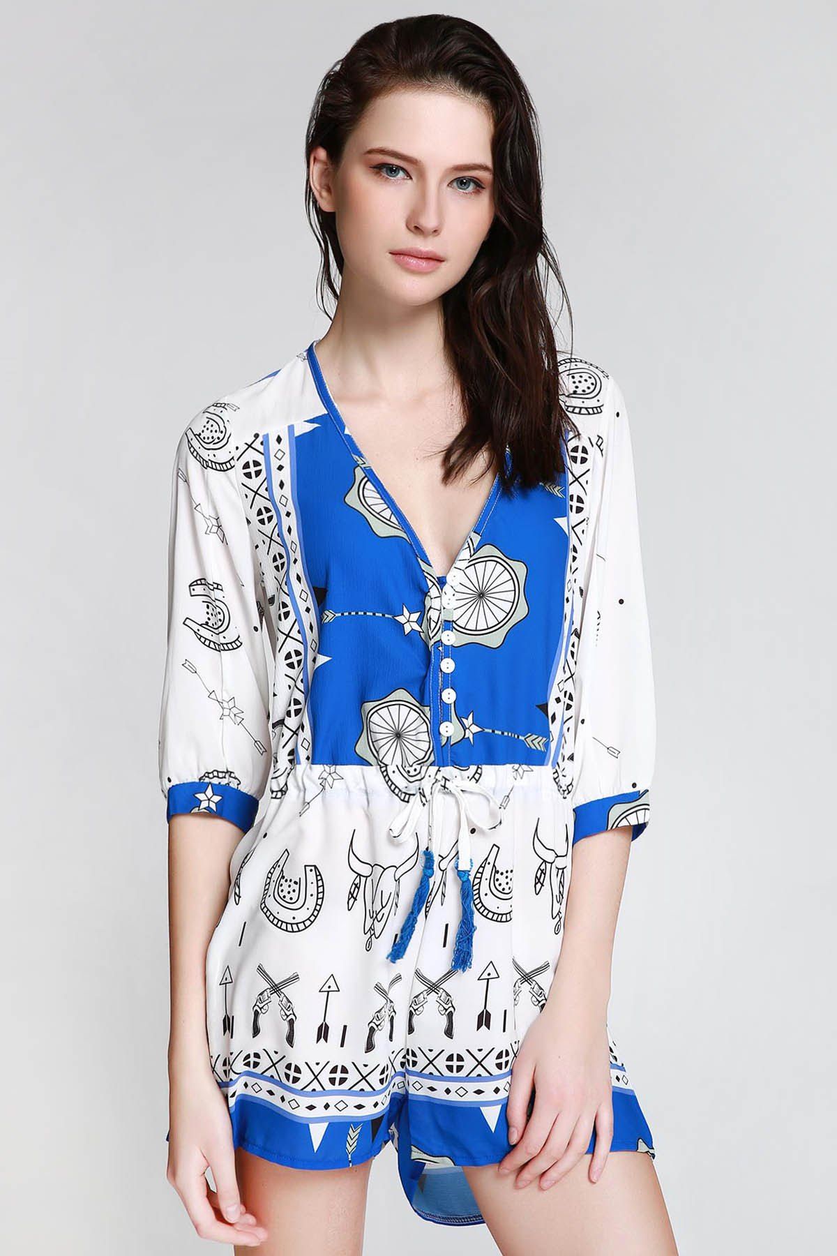 

Stylish Plunging Neck 3/4 Sleeve Ethnic Print Women's Playsuit, Blue and white