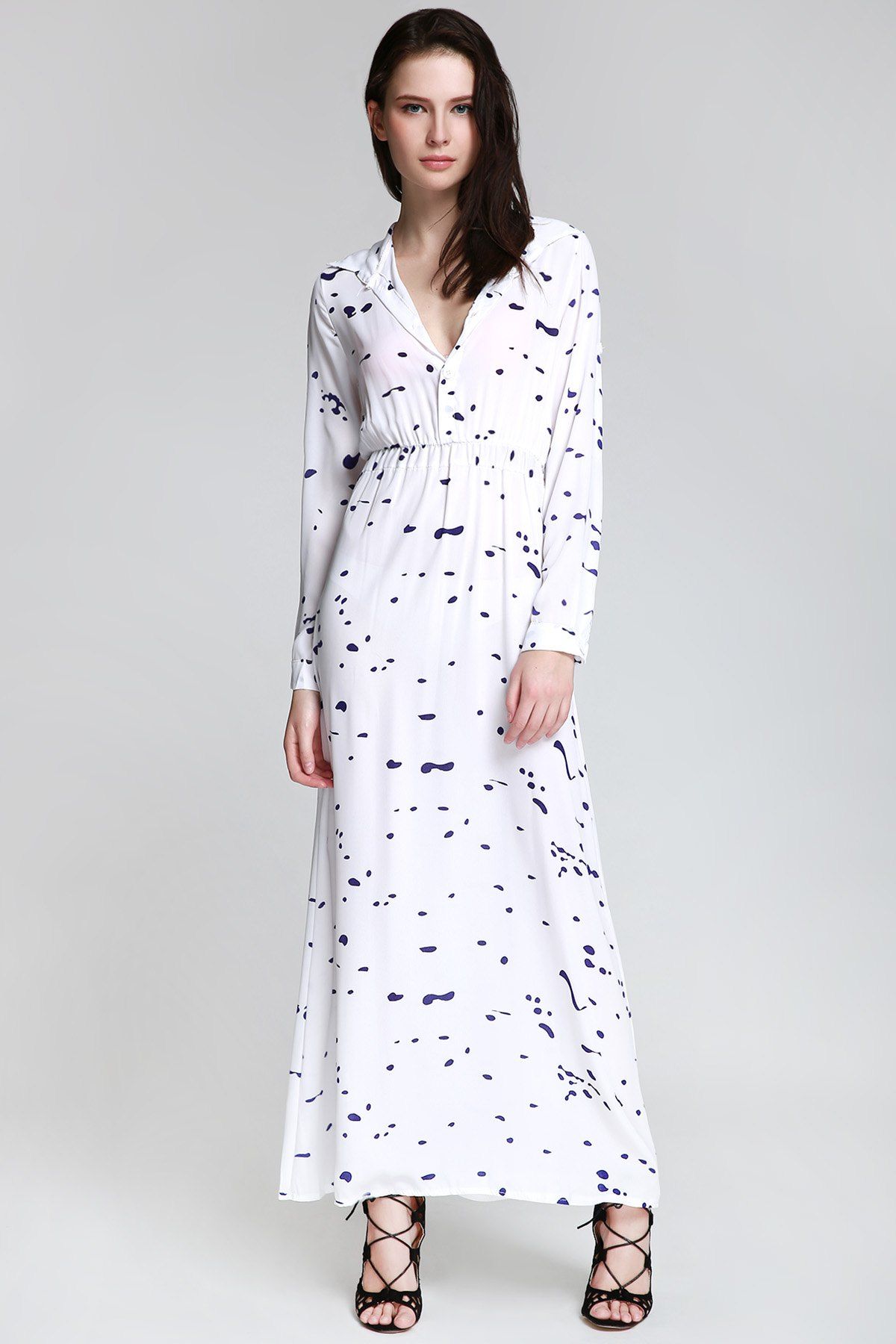 

Shirt Neck Long Sleeve Ink Print Maxi Swing Dress, White