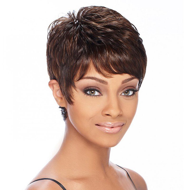 

Fashion Brown Mixed Gloden Synthetic Noble Short Side Bang Fluffy Wavy Wig For Women, Colormix