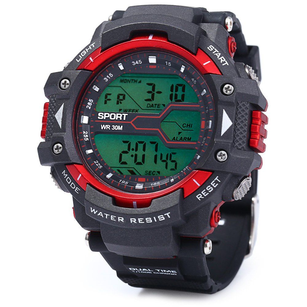 

8338G Alarm Day Date Stopwatch Display Men LED Sports Watch, Red;black;red;blue;green;gold