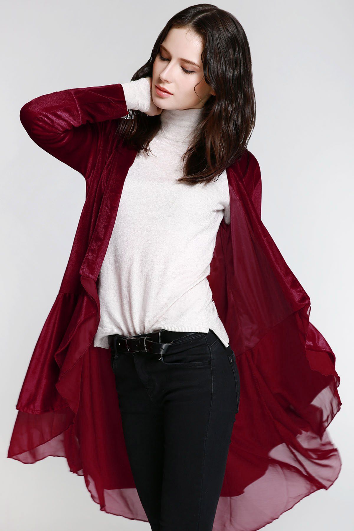 

Stylish Long Sleeve Swingy Velvet Women's Coat, Claret