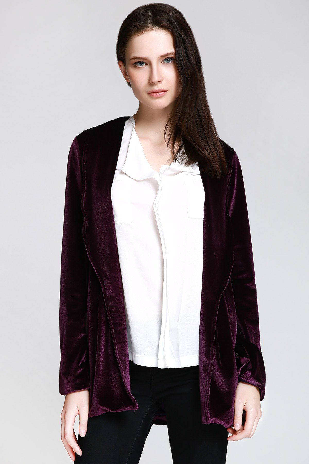 

Stylish Shawl Collar Long Sleeve Deep Purple Women's Jacket