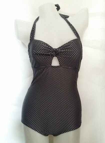 White/black Xl Vintage Halter Tiny Polka Dot Print One Piece Swimsuit ...