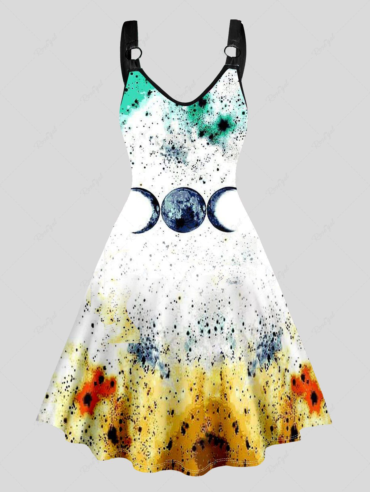 Robe Mi-Longue Ligne A Anneau en O à Imprimé Lune sans Manches à Taille Haute Blanc L