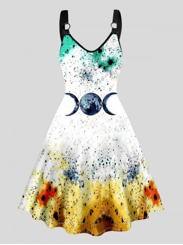 Moon Painting Print O-ring Strap Sleeveless High Waisted V Neck A Line Midi Dress - WHITE - S