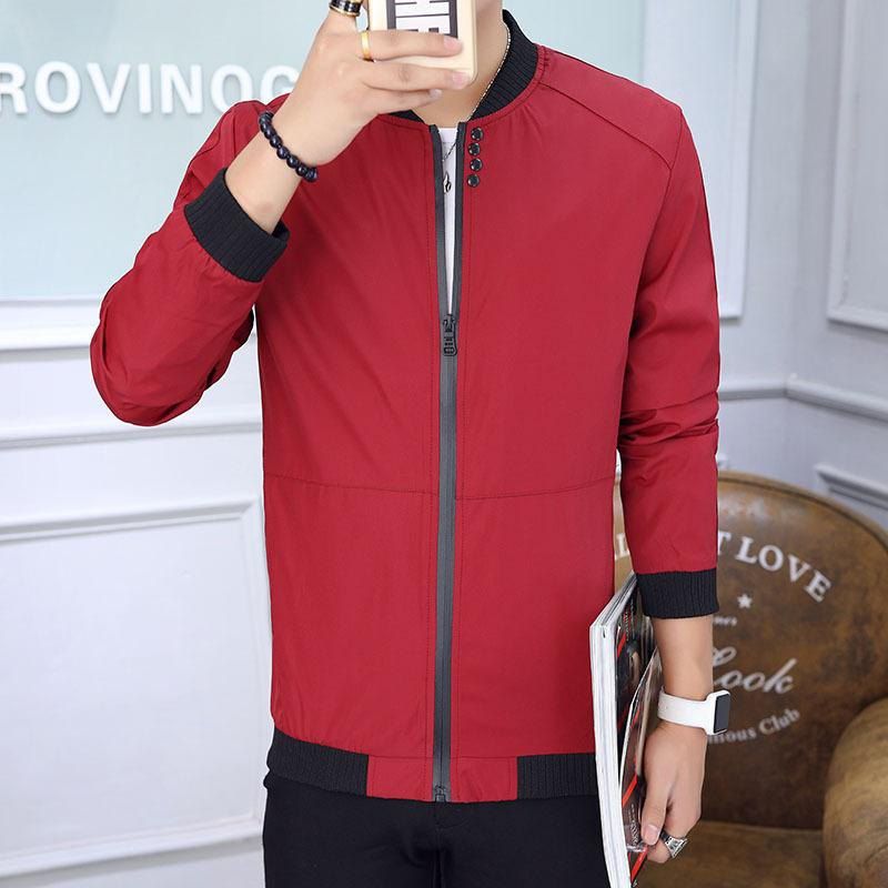 

Stand Collar Cotton Solid Long Sleeve Zipper Men Jacket, Red