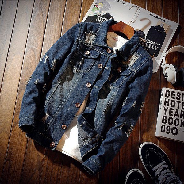 

Gimi Casual Turn-Down Collar Single Breasted Cotton Blends Long Sleeve Ripped Men'S Slim Denim Jackets, Blue
