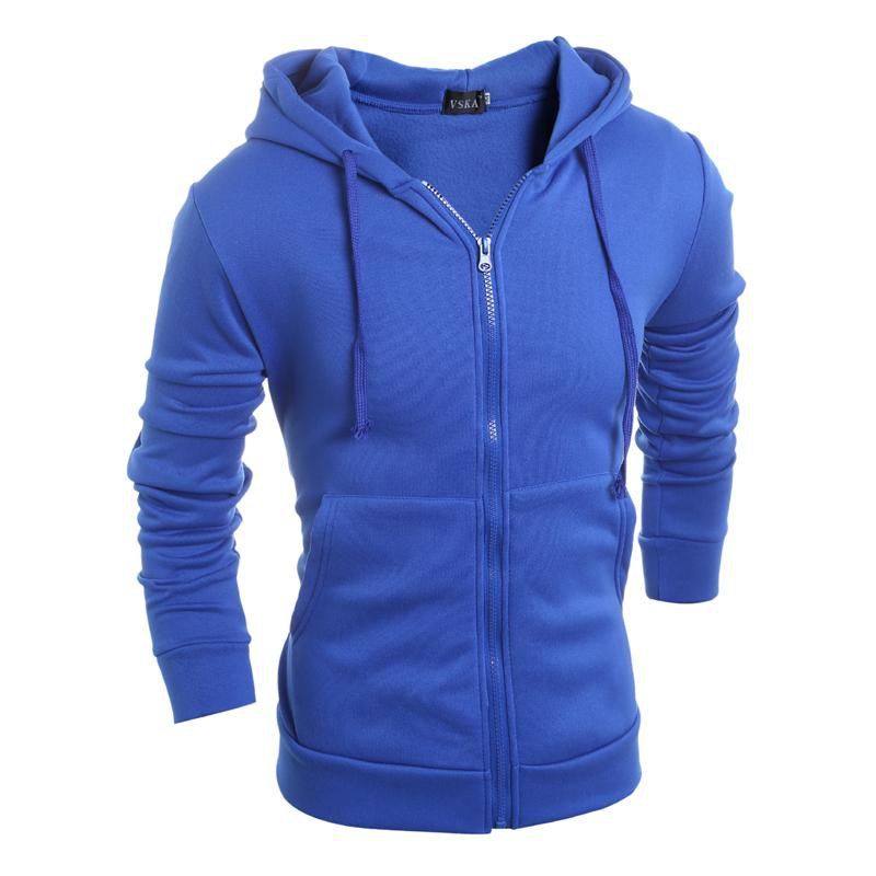 

Simple Casual Hooded Coat Zipper Solid Color Jacket, Blue