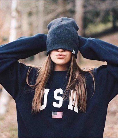 Chest Usa Letter Printing Round Neck Hedging Loose Long Sleeves Sweatshirt