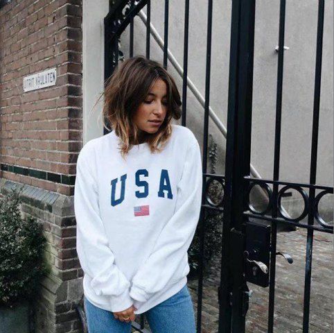 Chest Usa Letter Printing Round Neck Hedging Loose Long Sleeves Sweatshirt