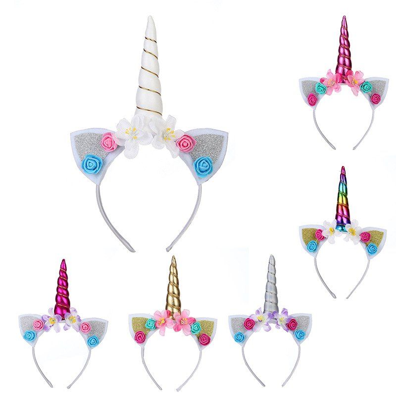 

Children's Unicorn Headband Halloween Party Headwear Hot Sale Flower Rabbit Ear Hair Accessories, Gold