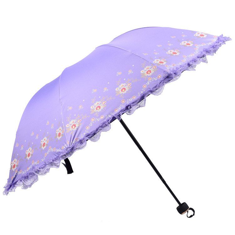 

New Lace Side Black Plastic Printing Umbrellas Rain And Rain Dual-use Three Fold Folding Umbrella Rain Sunshade Tools, Random color
