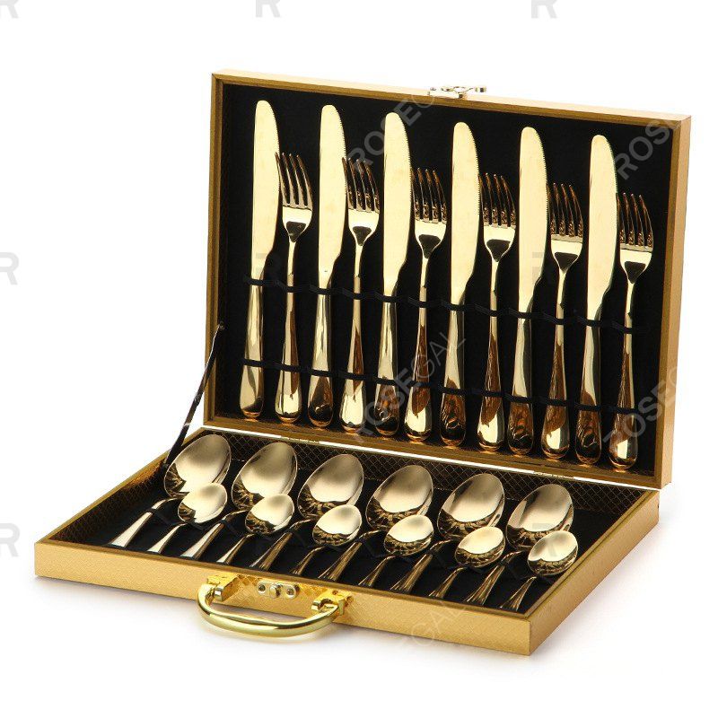 

Western Knife and Fork Set 24 Sets Of Gold Stainless Steel Cutlery Spoon Set Of 16 Gift Box Business Gift, Black 16-piece gold box