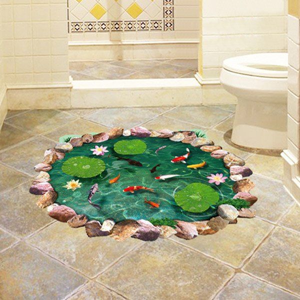 

Special 3D Lotus Pond Design Sticker For Bathroom, Green