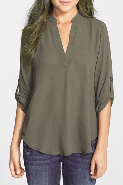 

Brief Style V-Neck Long Sleeve Army Green Loose-Fitting Blouse For Women