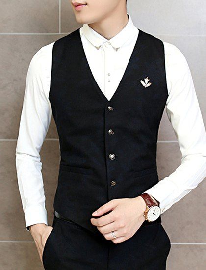 Black 2xl Slim Fit V-neck Single Breasted Solid Color Waistcoat For Men ...